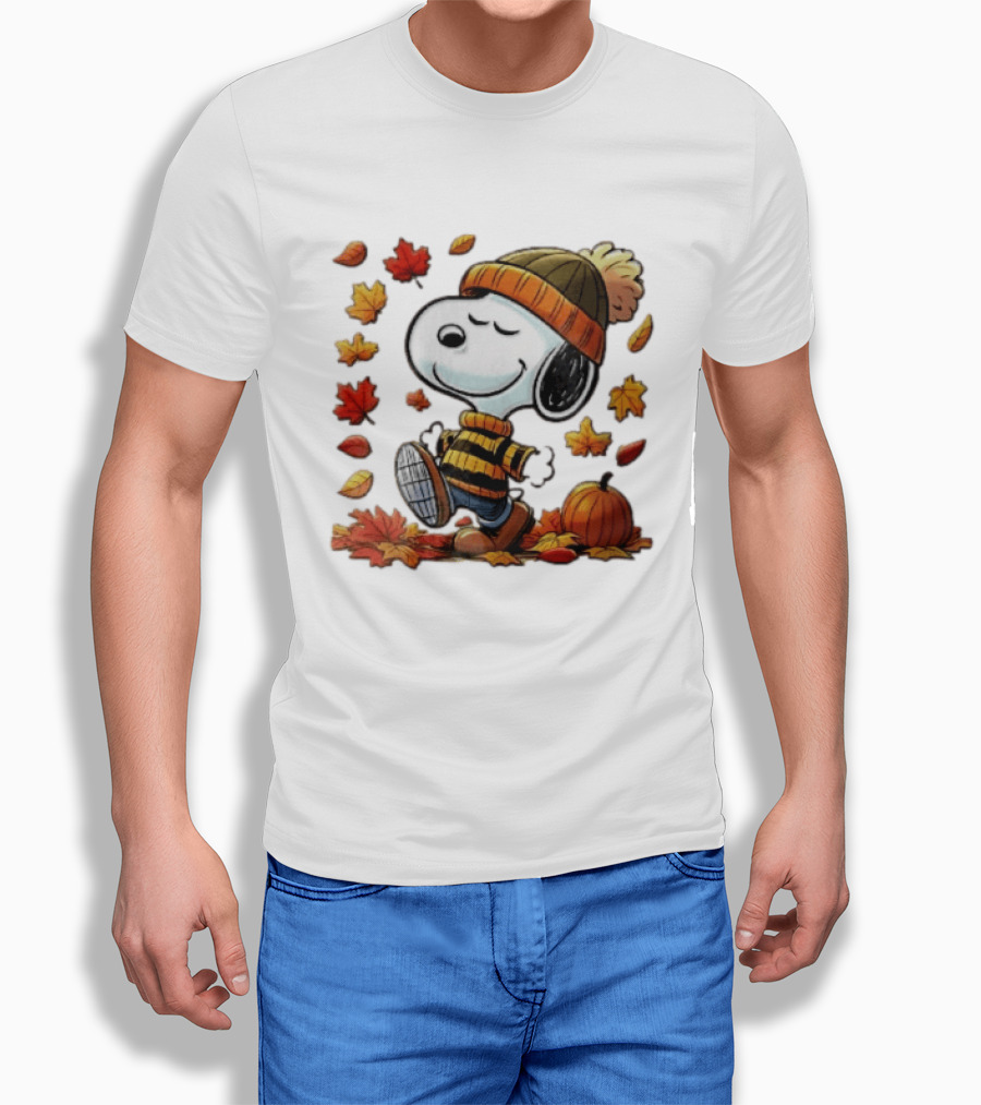 Snoopy Walking In Striped Beanie With Autumn Leaves And Pumpkin T-Shirt
