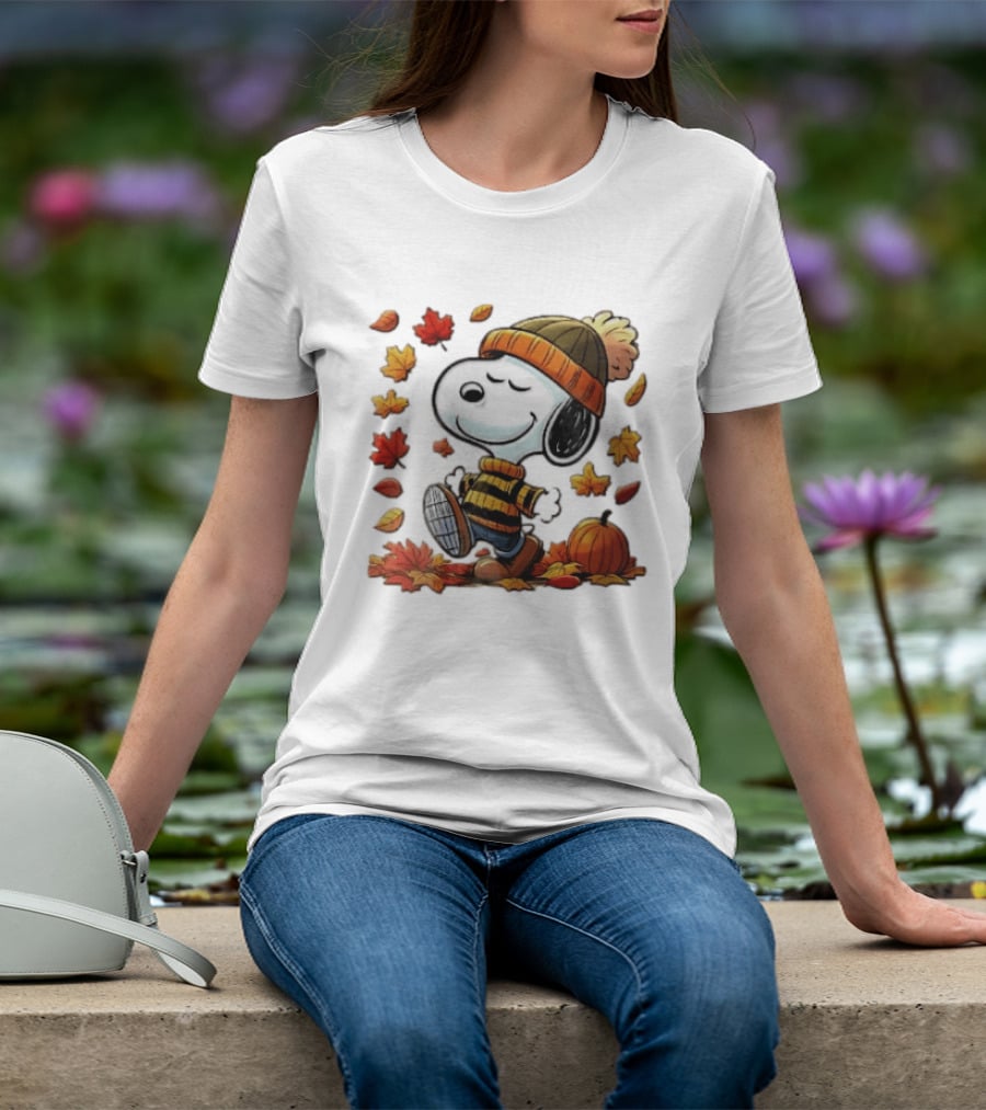 Snoopy Walking In Striped Beanie With Autumn Leaves And Pumpkin T-Shirt