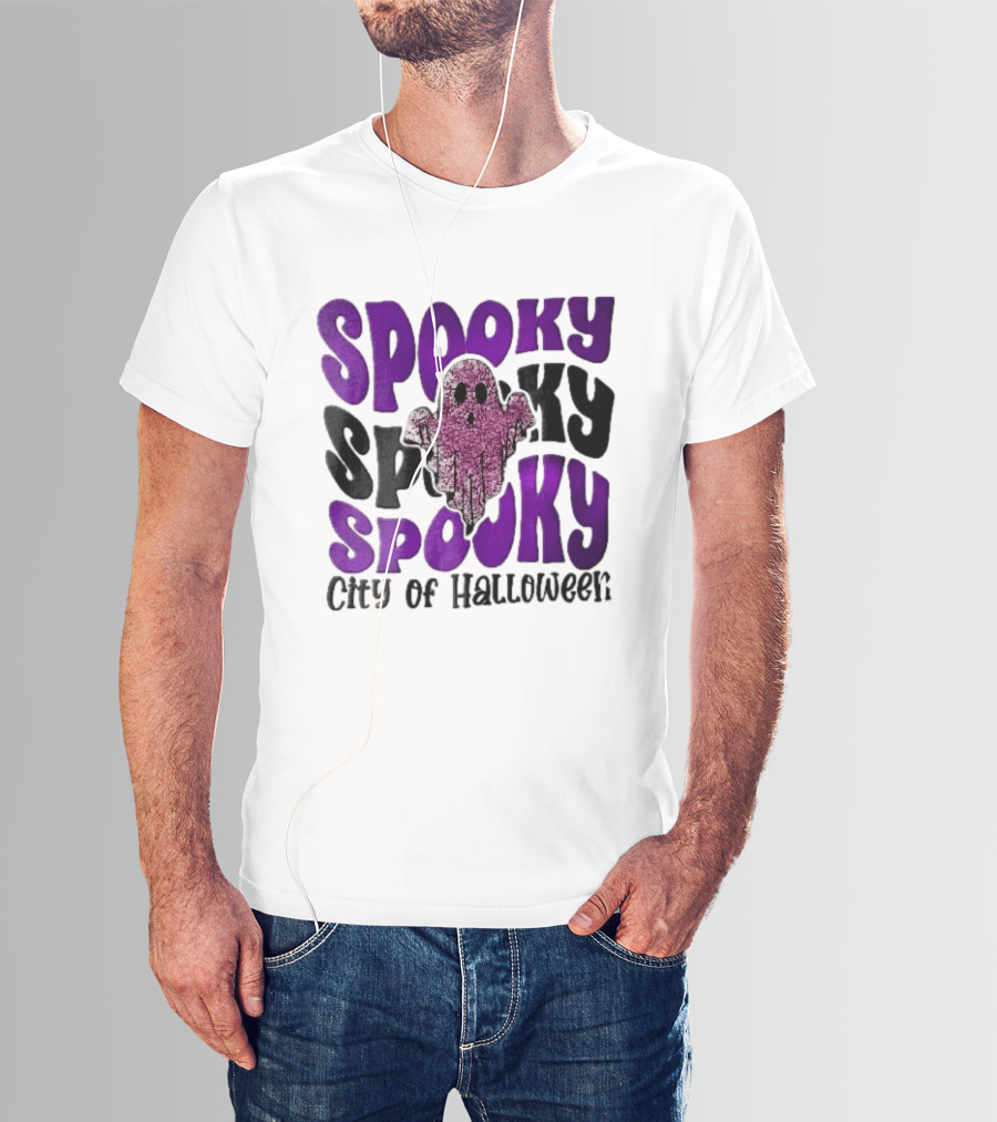Spooky City Of Halloween Pink Glitter Ghost Retro Groovy T-Shirt