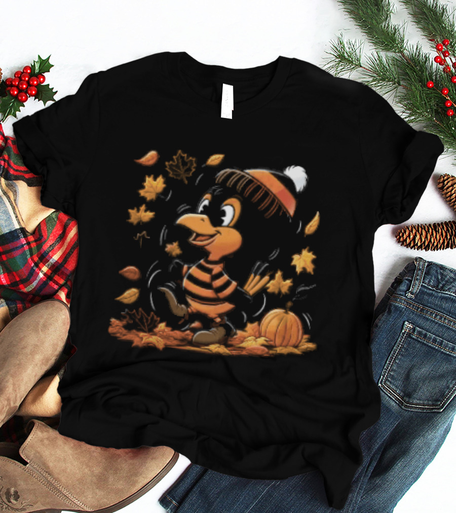 Cartoon Black And Orange Bird Beanie Hat Pumpkin Autumn Falling Leaves T-Shirt