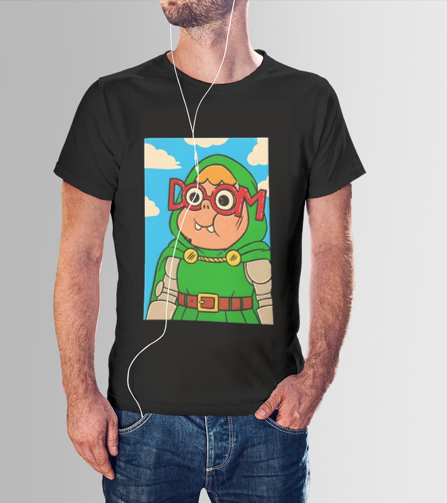 Clarence Doctor Doom Cartoon Crossover DOOM Glasses Green Hood Clouds T-Shirt