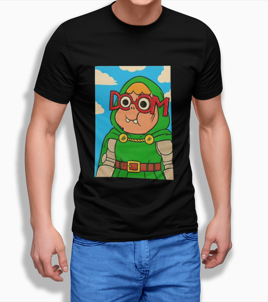 Clarence Doctor Doom Cartoon Crossover DOOM Glasses Green Hood Clouds T-Shirt