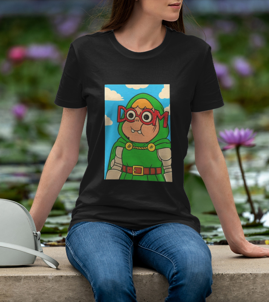 Clarence Doctor Doom Cartoon Crossover DOOM Glasses Green Hood Clouds T-Shirt