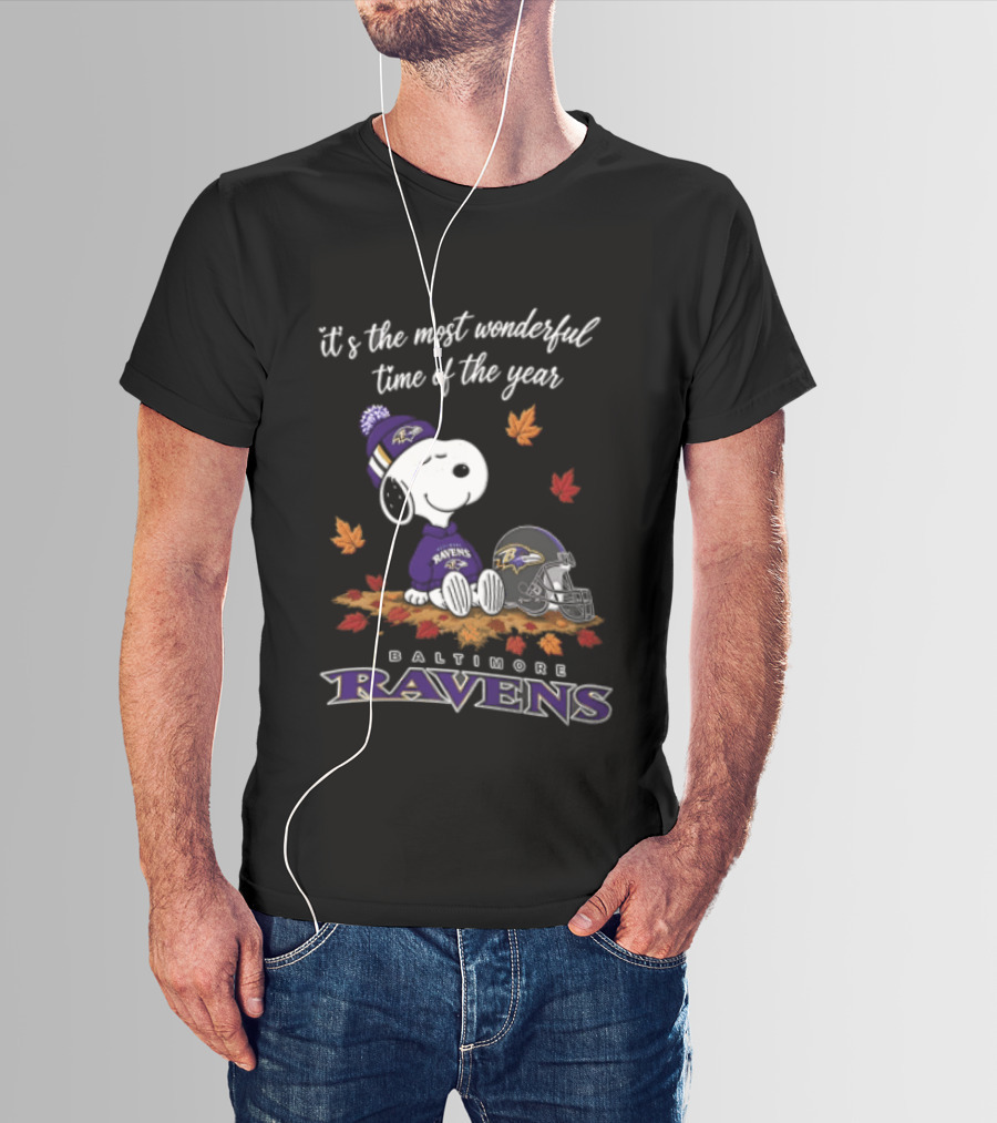 It's The Most Wonderful Time Of The Year Snoopy Baltimore Ravens Beagle Beanie Helmet Autumn Leaves T-Shirt