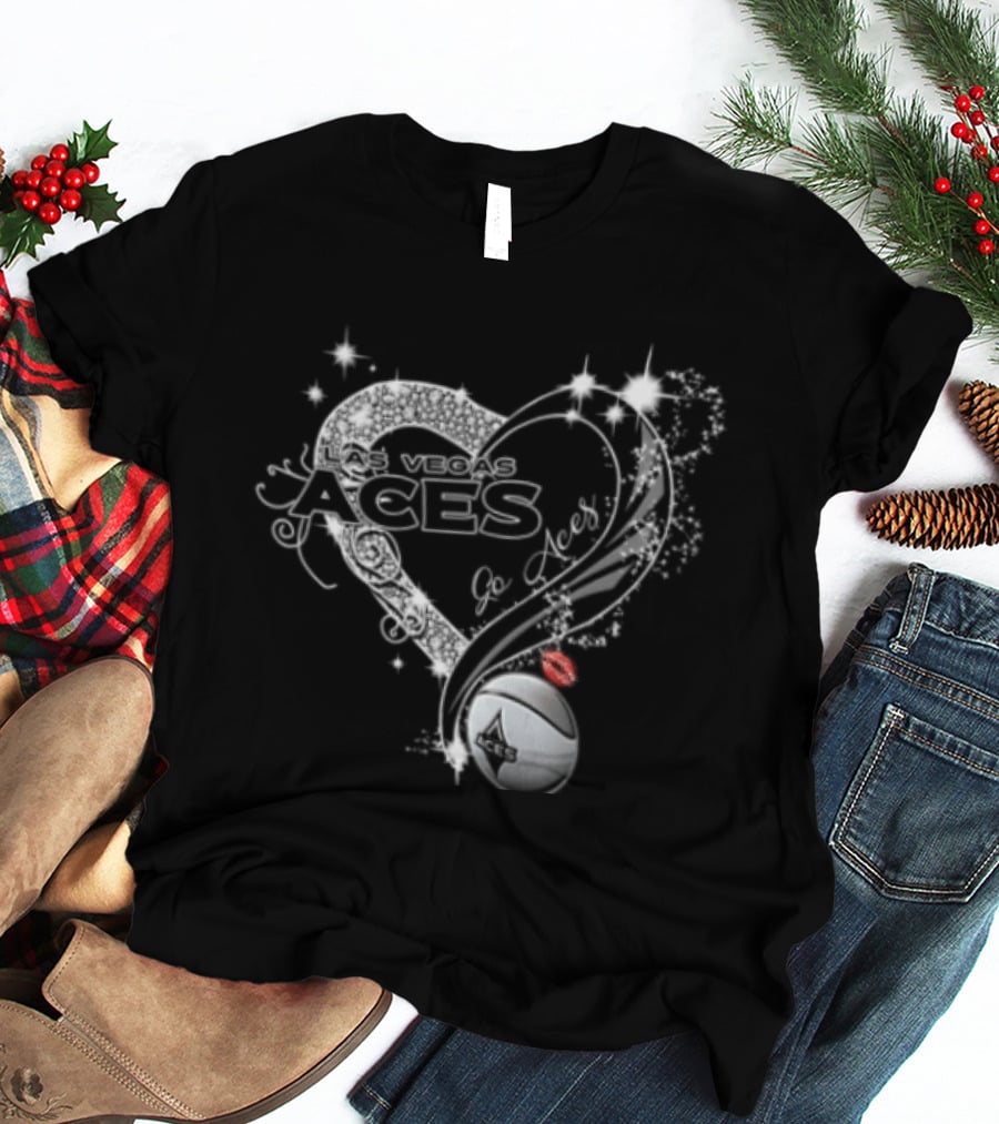 Las Vegas Aces WNBA Rhinestone Heart Basketball Sparkles Lips T-Shirt
