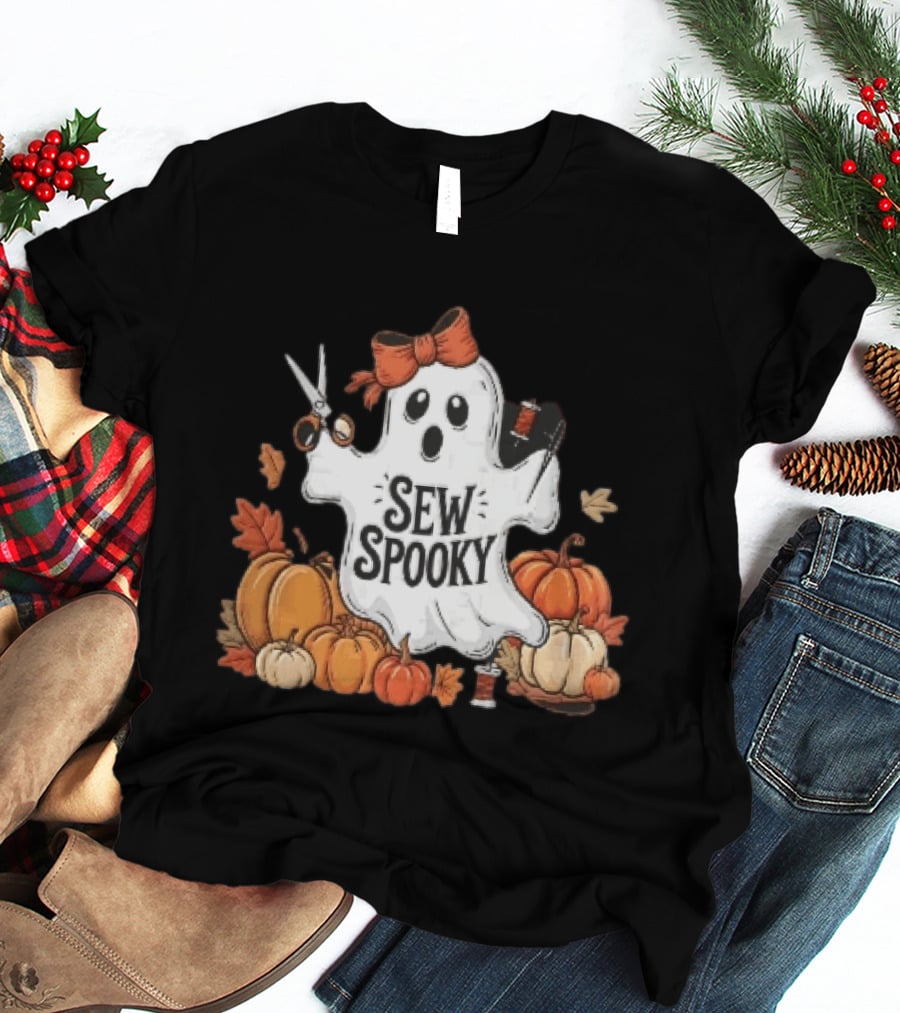 Sew Spooky Ghost With Bow Scissors Pumpkins Autumn Leaves Thread Spools T-Shirt
