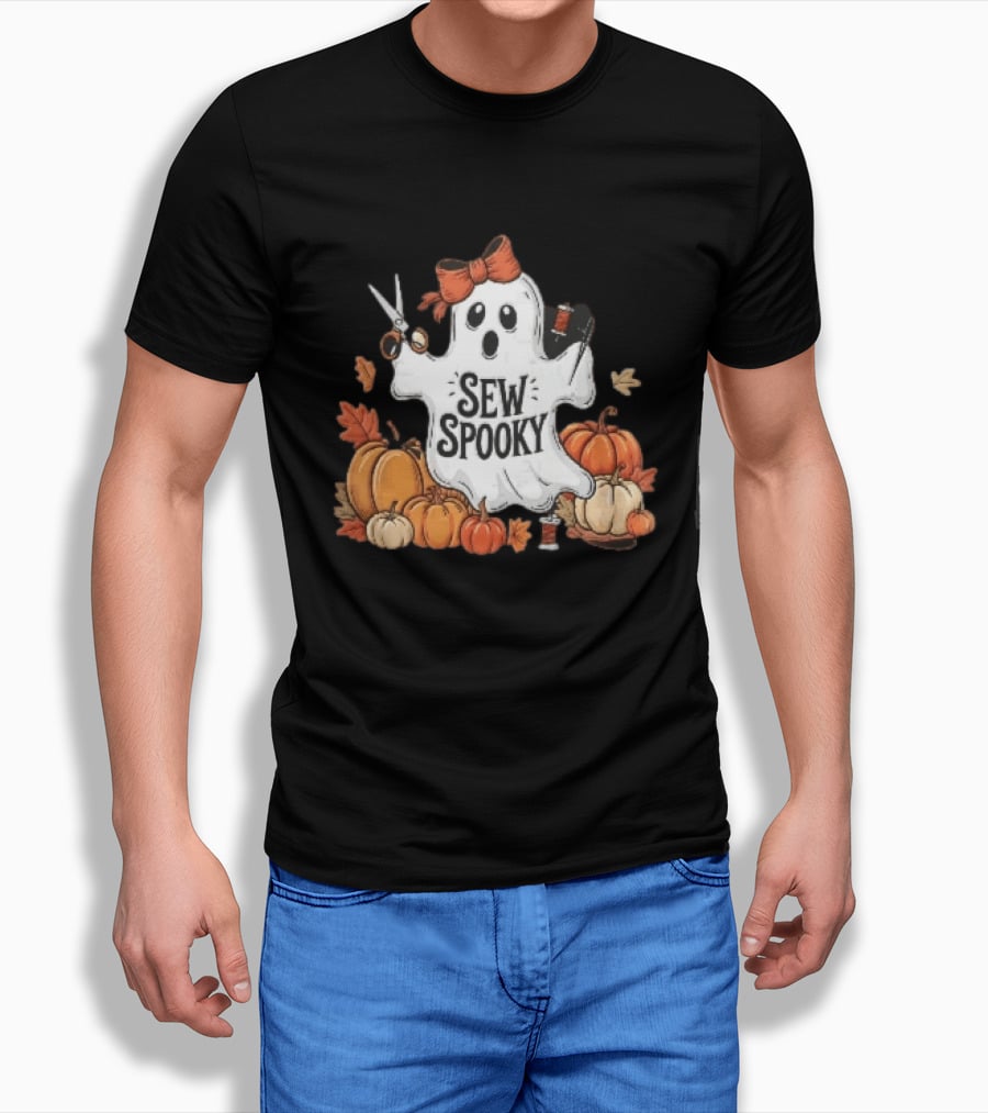 Sew Spooky Ghost With Bow Scissors Pumpkins Autumn Leaves Thread Spools T-Shirt