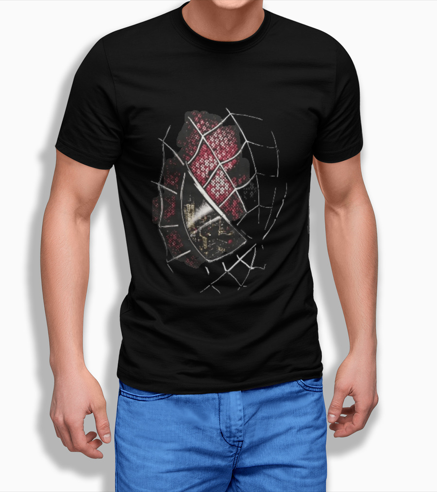 Spider Man Mask With City Skyline Reflection In Night Sketch Lines T-Shirt