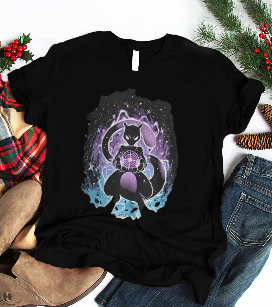 Mewtwo Cosmic Purple Energy Sphere Galaxy Stars Blue Flames T-Shirt