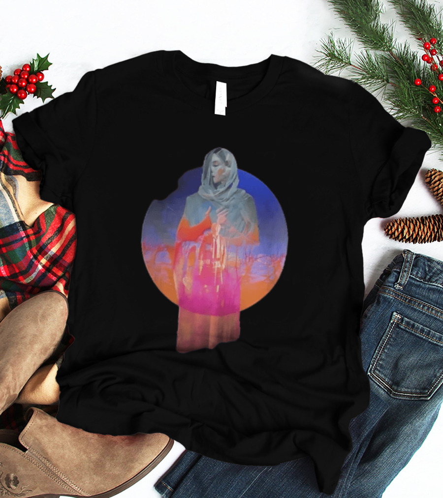 Veiled Hooded Cloak Double Exposure Bare Trees Glowing Sunset Globe T-Shirt