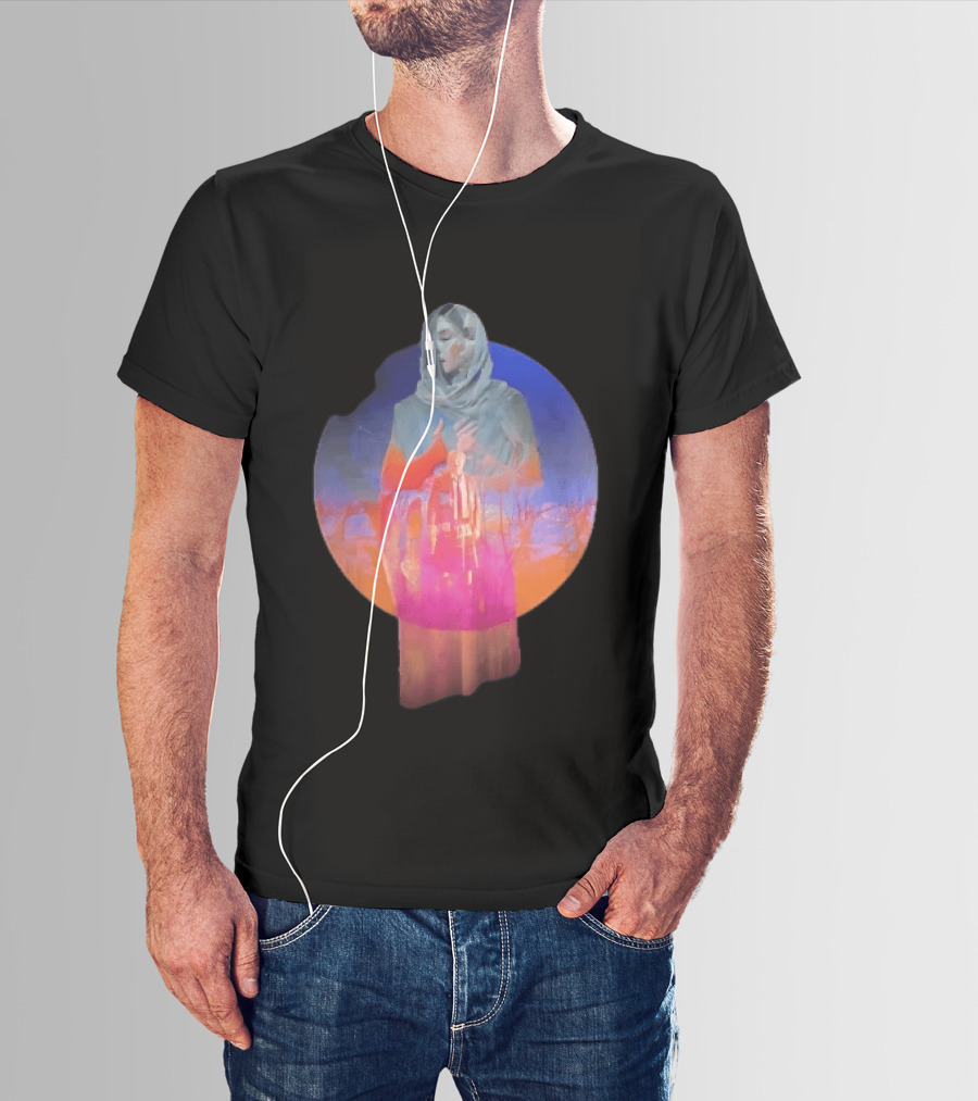 Veiled Hooded Cloak Double Exposure Bare Trees Glowing Sunset Globe T-Shirt
