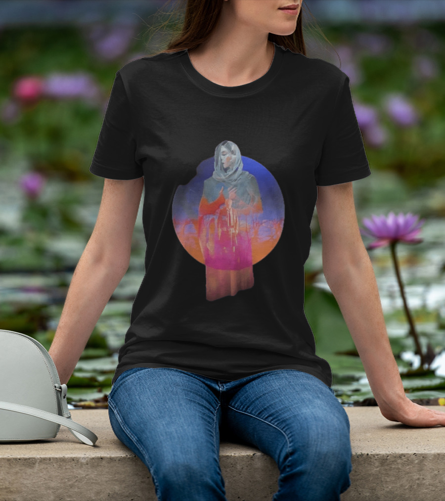 Veiled Hooded Cloak Double Exposure Bare Trees Glowing Sunset Globe T-Shirt