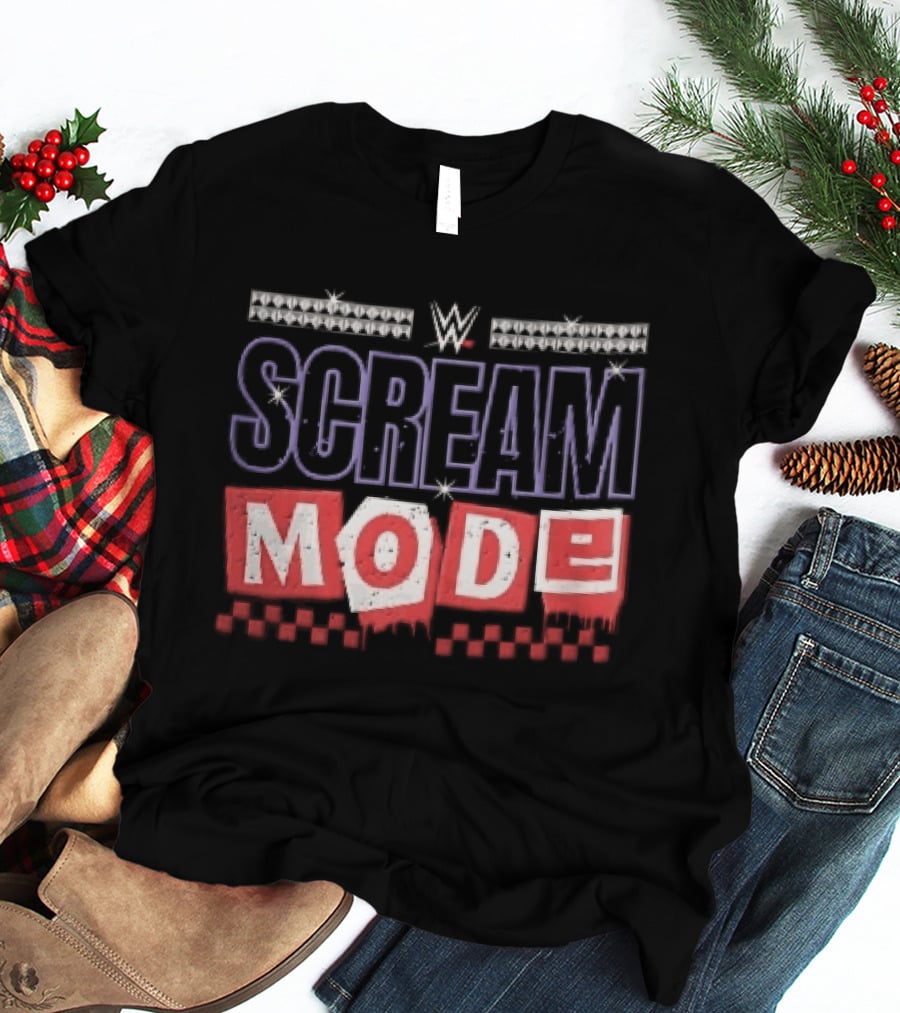 Scream Mode WWE Silver Studs Red Cutout Dripping Blocks Checkered T-Shirt