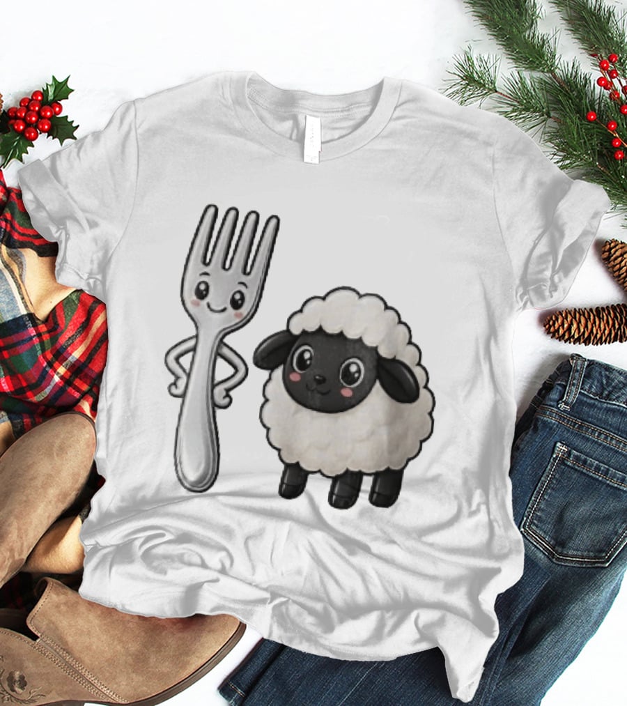 Chibi Style Silver Fork And Cute Black Faced Lamb Cartoon T-Shirt
