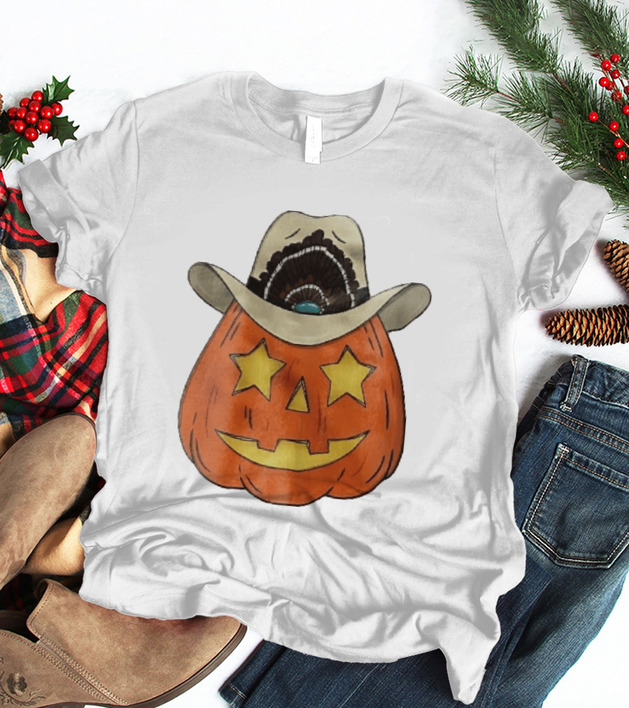 Starry Eyed Jack O Lantern Pumpkin Cowboy Hat Feather T-Shirt