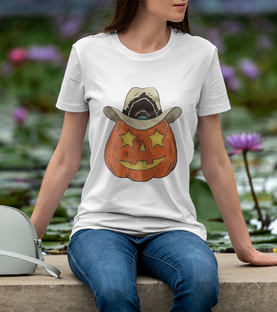 Starry Eyed Jack O Lantern Pumpkin Cowboy Hat Feather T-Shirt