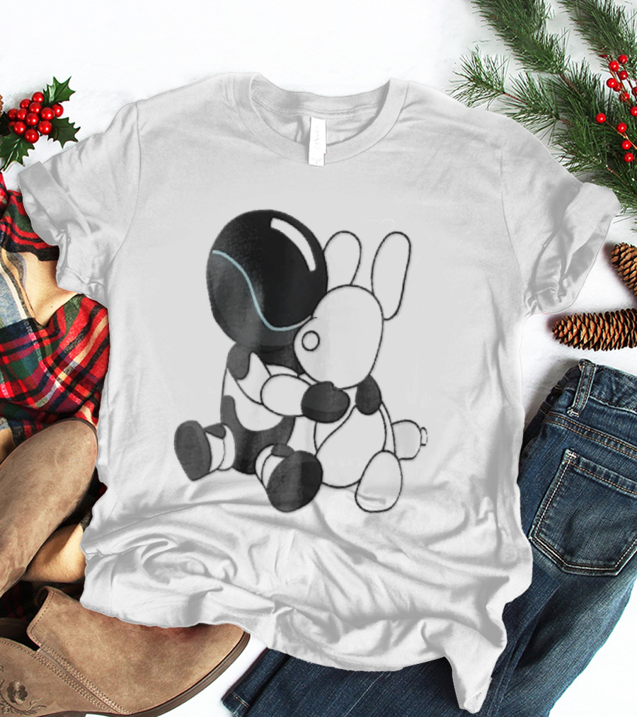 Cartoon Robot Embracing White Bunny Plush Toy T-Shirt