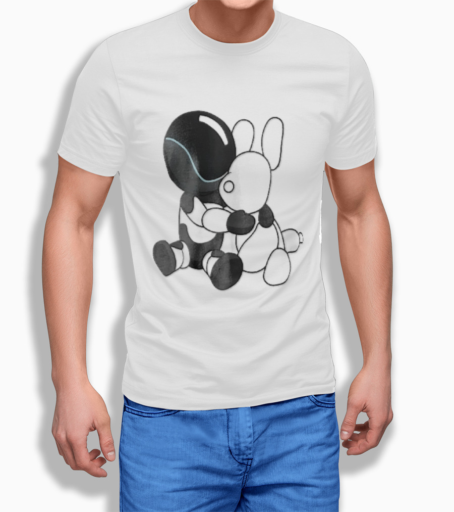 Cartoon Robot Embracing White Bunny Plush Toy T-Shirt