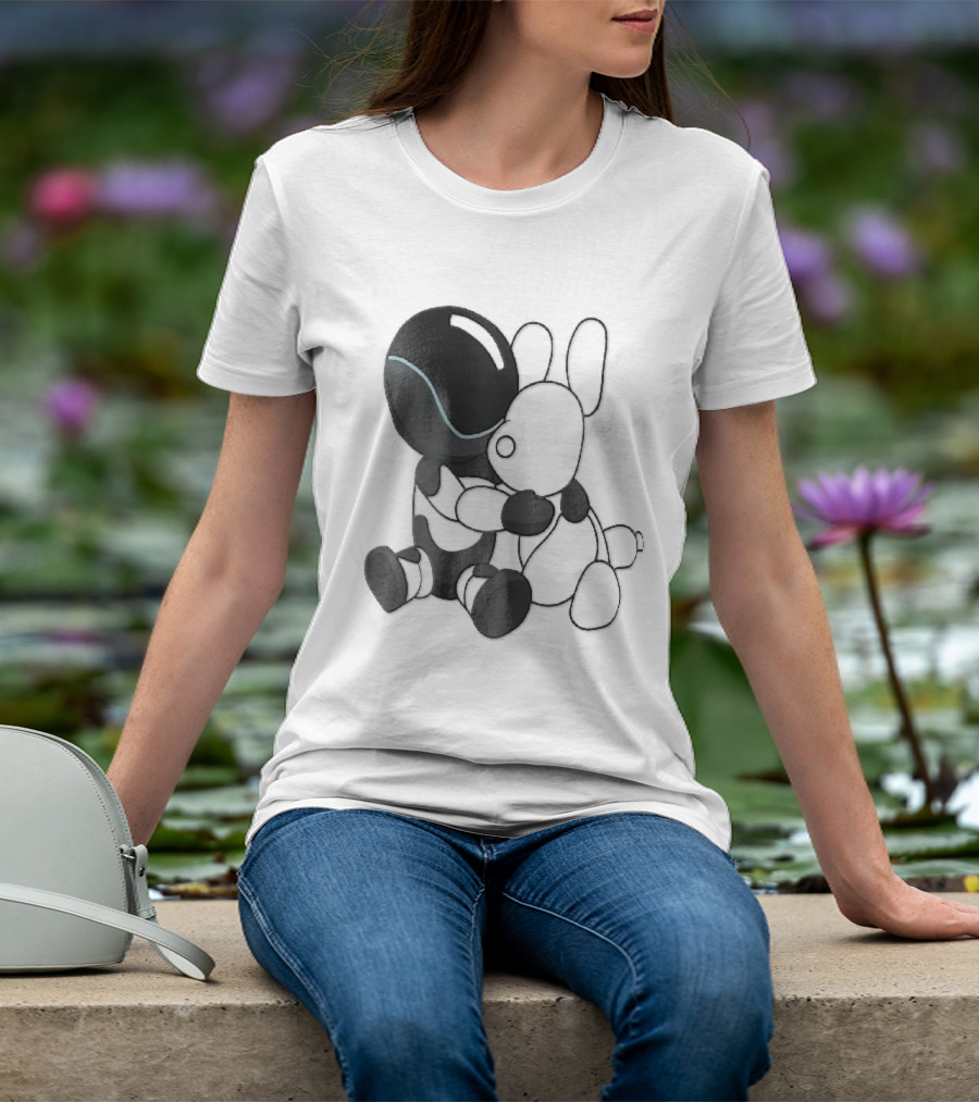 Cartoon Robot Embracing White Bunny Plush Toy T-Shirt