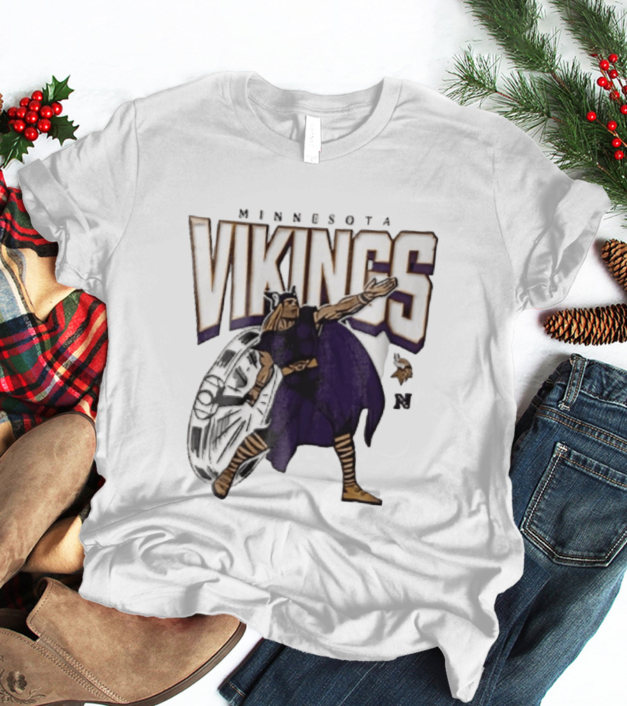 Minnesota Vikings Horned Helmet Warrior With Chrome Shield And Purple Cape T-Shirt