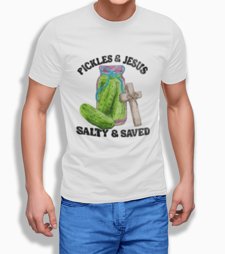 Pickles And Jesus Salty Saved Watercolor Mason Jar Wooden Cross T-Shirt