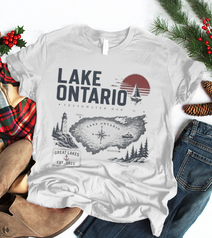 Lake Ontario Rochester Great Lakes Est 1615 Vintage Scenic Sunset License Plate Anchored Sailboat Lighthouse T-Shirt