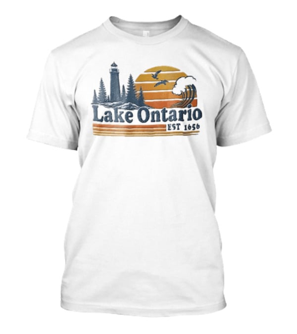 Lake Ontario Est 1656 Sunset Lighthouse Pine Trees Wave Scene T-Shirt