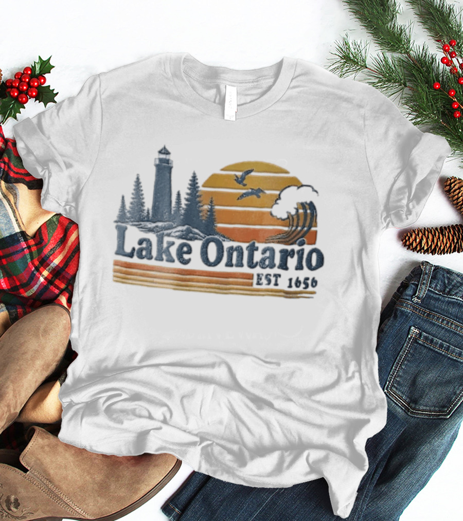 Lake Ontario Est 1656 Sunset Lighthouse Pine Trees Wave Scene T-Shirt