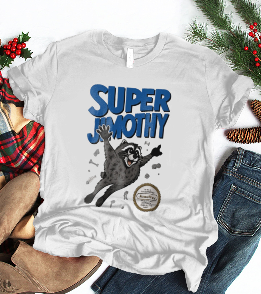 Super Jimothy Cartoon Flying Raccoon Trash Scraps Gold Seal T-Shirt