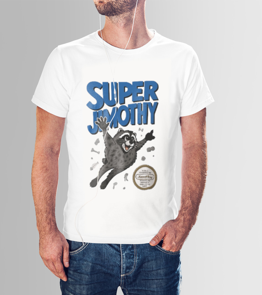 Super Jimothy Cartoon Flying Raccoon Trash Scraps Gold Seal T-Shirt