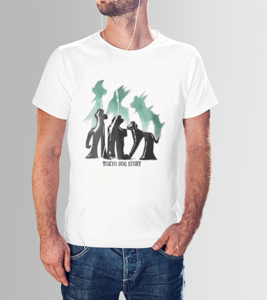 Tokyo Bug Story Glossy Black Figures Green Watercolor Shadows T-Shirt