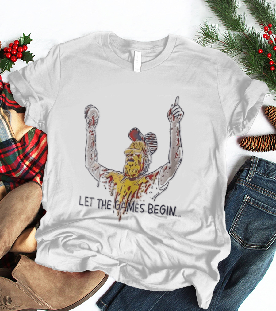 Let The Games Begin Caricature Beard Sunglasses Dripping Mustard Ketchup Line Arms Raised T-Shirt