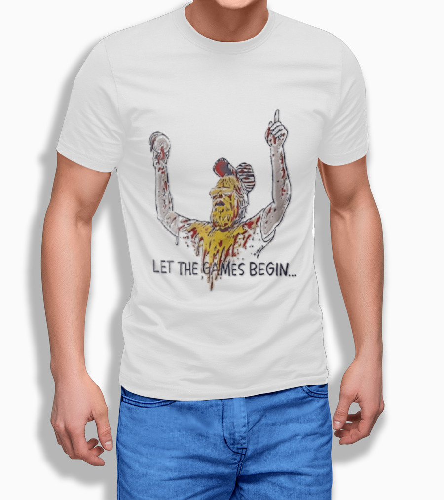 Let The Games Begin Caricature Beard Sunglasses Dripping Mustard Ketchup Line Arms Raised T-Shirt