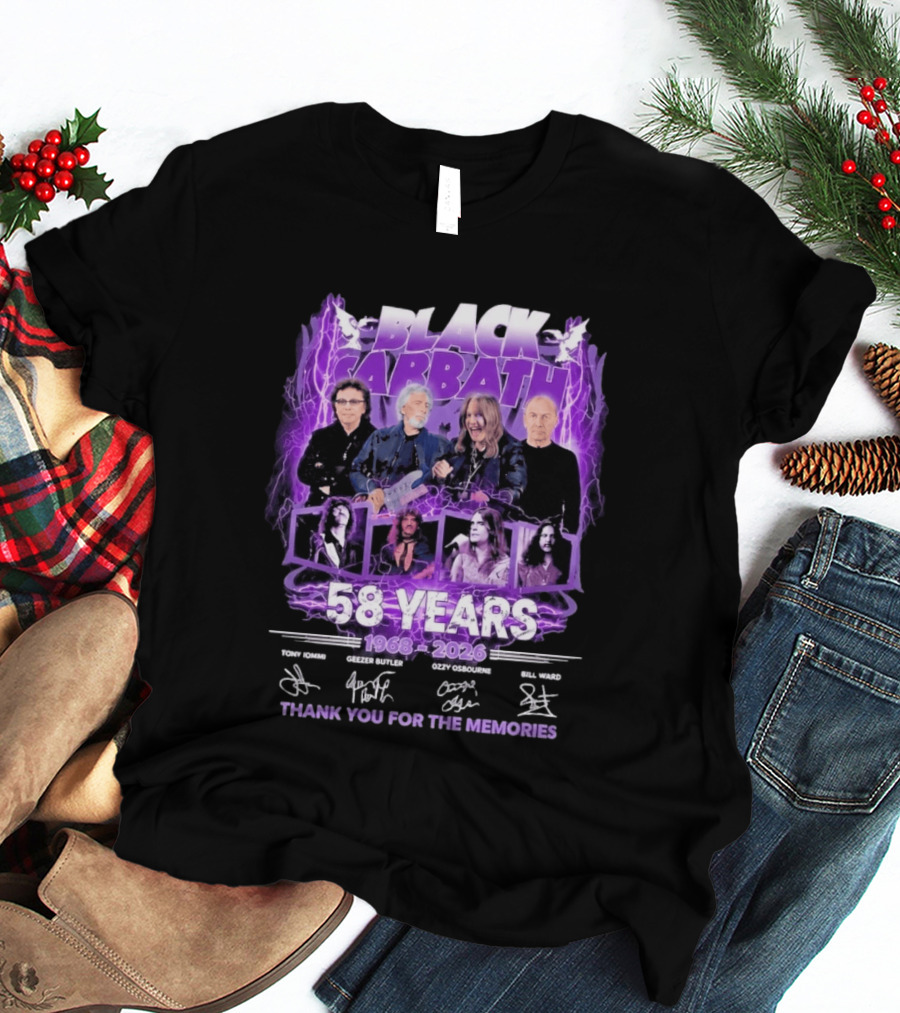 Black Sabbath 58 Years 1968 2026 Tony Iommi Geezer Butler Ozzy Osbourne Bill Ward Thank You For The Memories T-Shirt