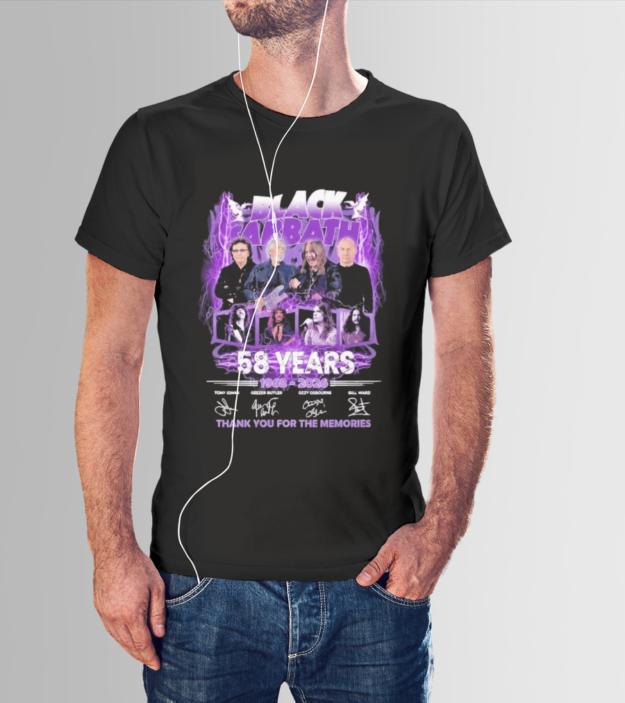 Black Sabbath 58 Years 1968 2026 Tony Iommi Geezer Butler Ozzy Osbourne Bill Ward Thank You For The Memories T-Shirt