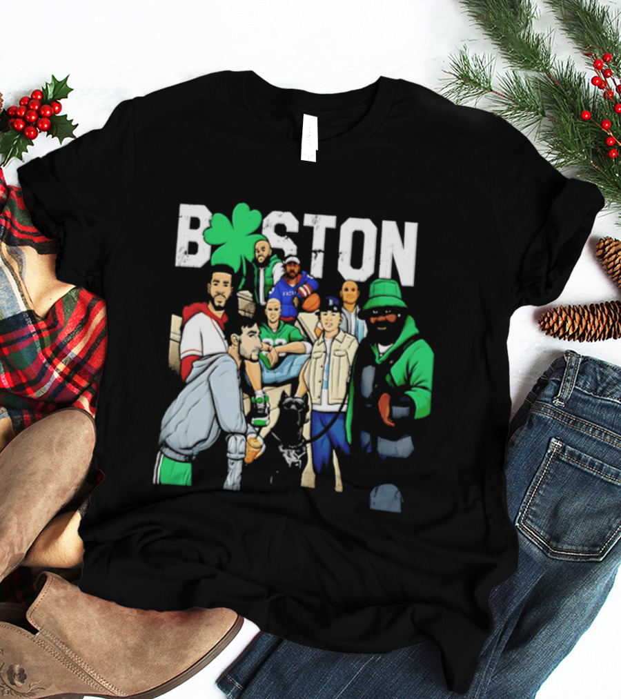 Boston Celtics Patriots Players With Shamrock And Boston T-Shirt