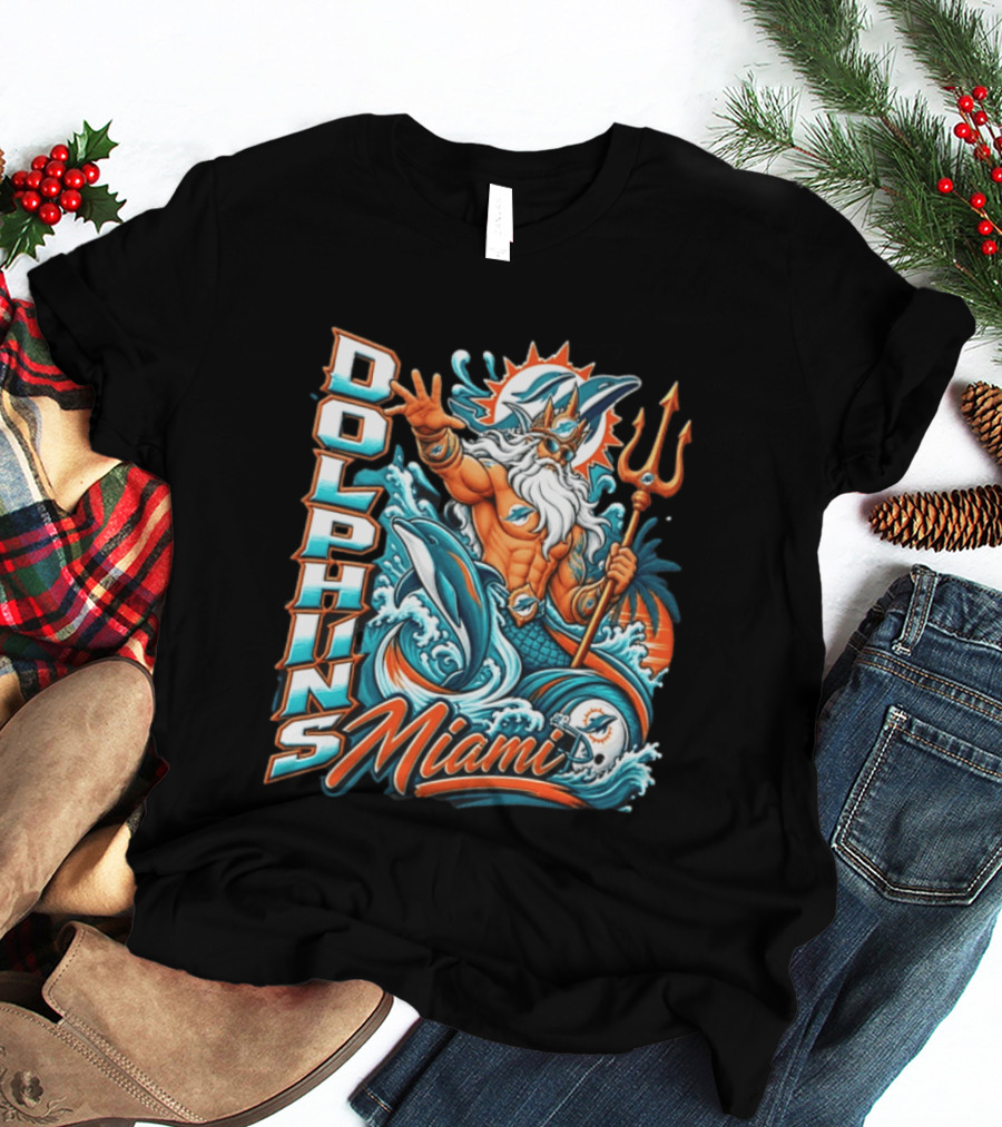 Miami Dolphins King Triton Ocean Waves Trident Dolphins T-Shirt