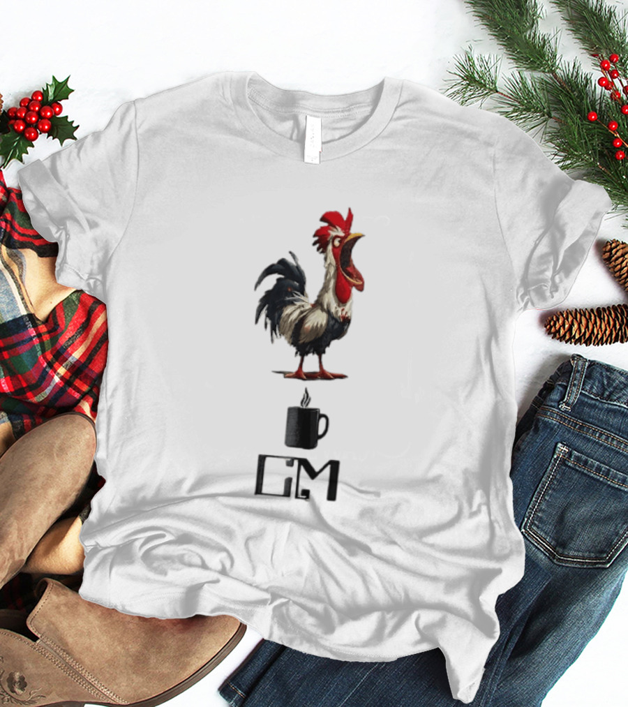 GM Cartoon Crowing Rooster Steaming Black Coffee T-Shirt