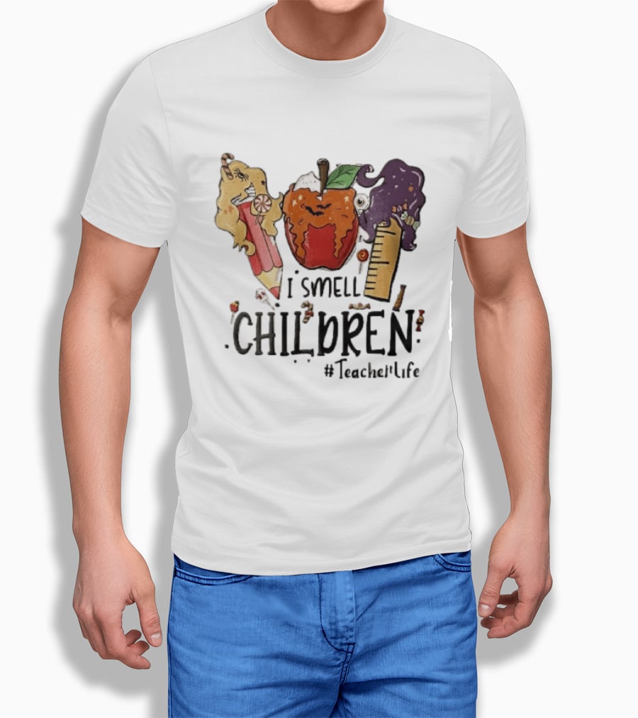 I Smell Children Teacherlife Sanderson Sisters Halloween Pencil Apple Ruler Cartoon T-Shirt