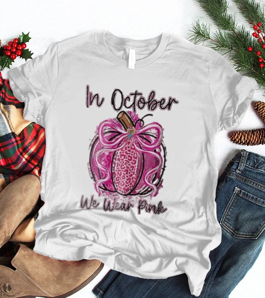 In October We Wear Pink Leopard Pumpkin Breast Cancer Ribbon Bow T-Shirt