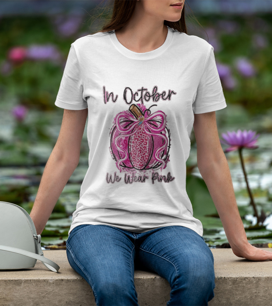 In October We Wear Pink Leopard Pumpkin Breast Cancer Ribbon Bow T-Shirt