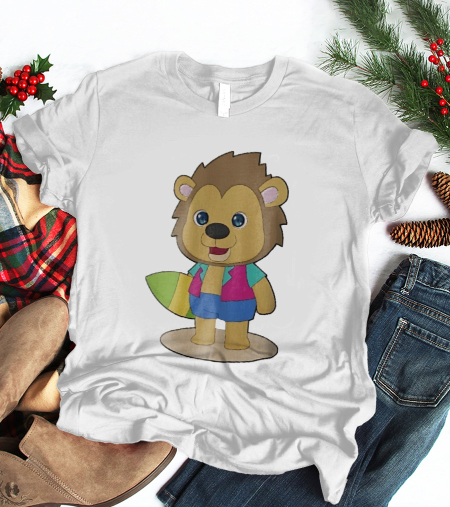 Lion Summer Surfing Adventure Cartoon T-Shirt
