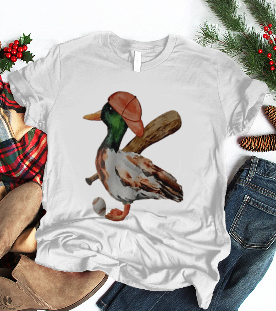 Mallard Duck Baseball Player Red Cap Wooden Bat Watercolor Mallard T-Shirt