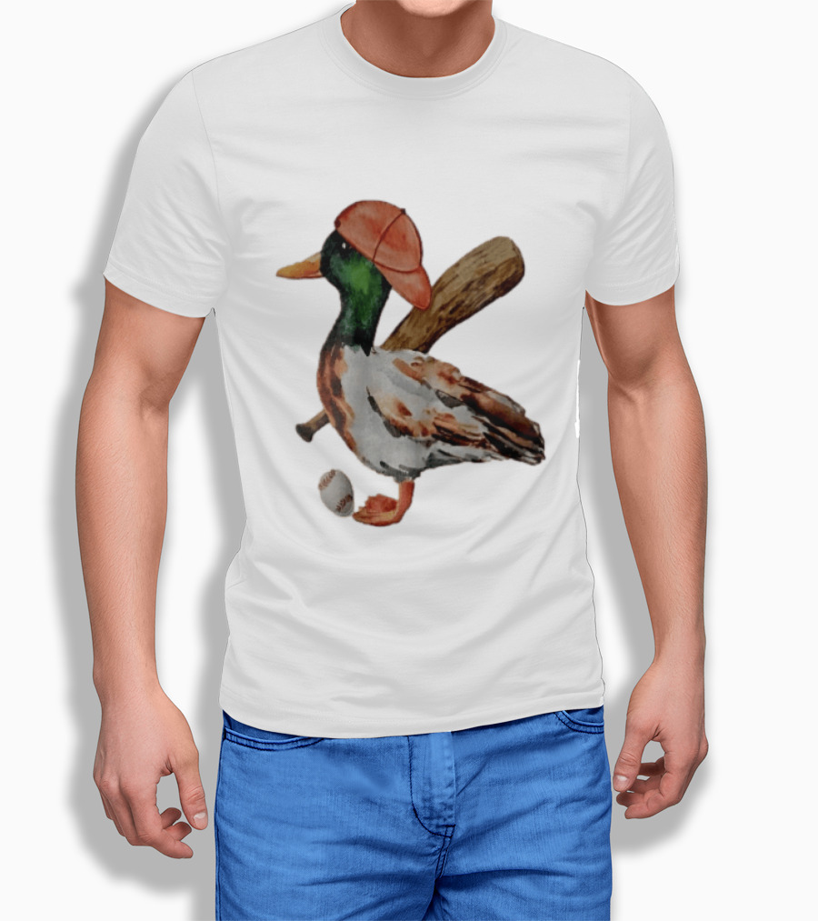 Mallard Duck Baseball Player Red Cap Wooden Bat Watercolor Mallard T-Shirt