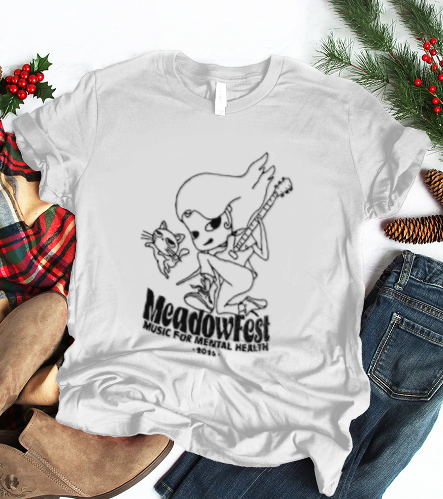 Meadowfest Dancing Cat Line Guitarist For Music And Mental Health T-Shirt