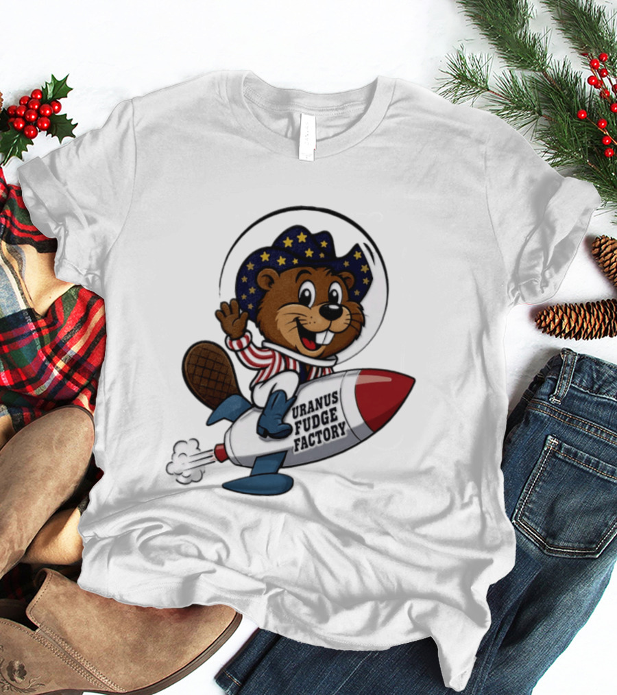 Uranus Fudge Factory Patriotic Beaver Riding Rocket T-Shirt