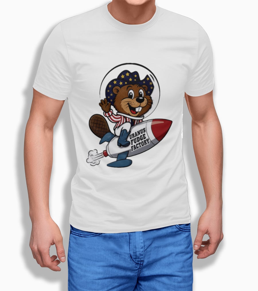 Uranus Fudge Factory Patriotic Beaver Riding Rocket T-Shirt