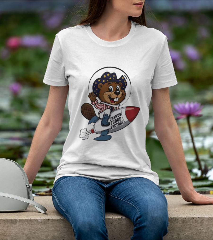 Uranus Fudge Factory Patriotic Beaver Riding Rocket T-Shirt