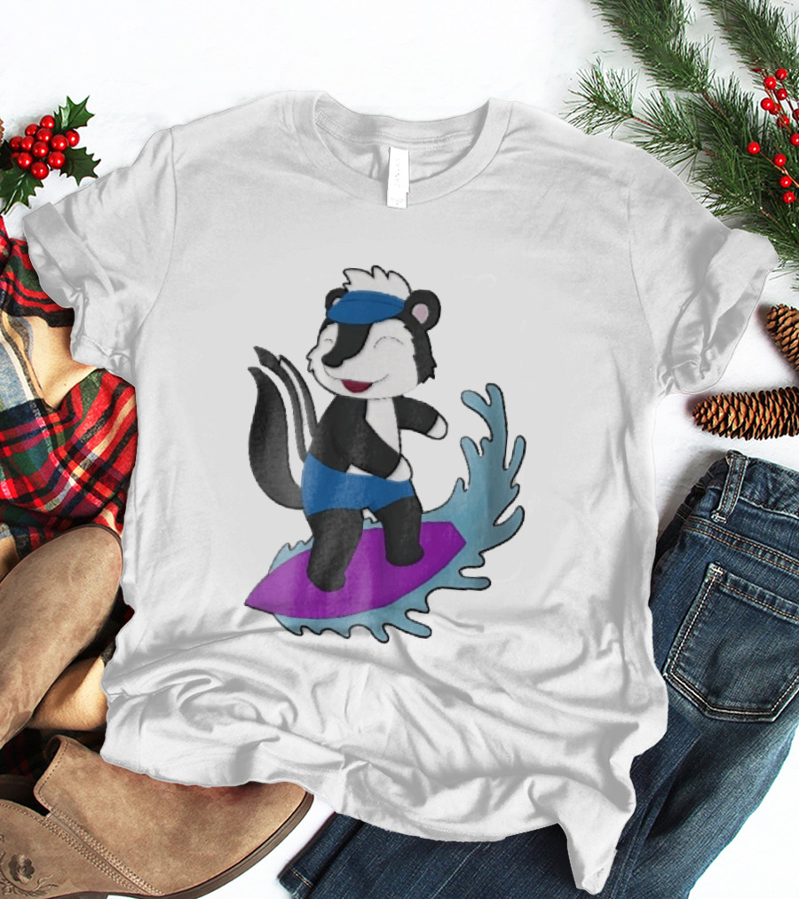 Skunk Surfing Cartoon On Purple Surfboard With Blue Waves And Summer Vibes T-Shirt