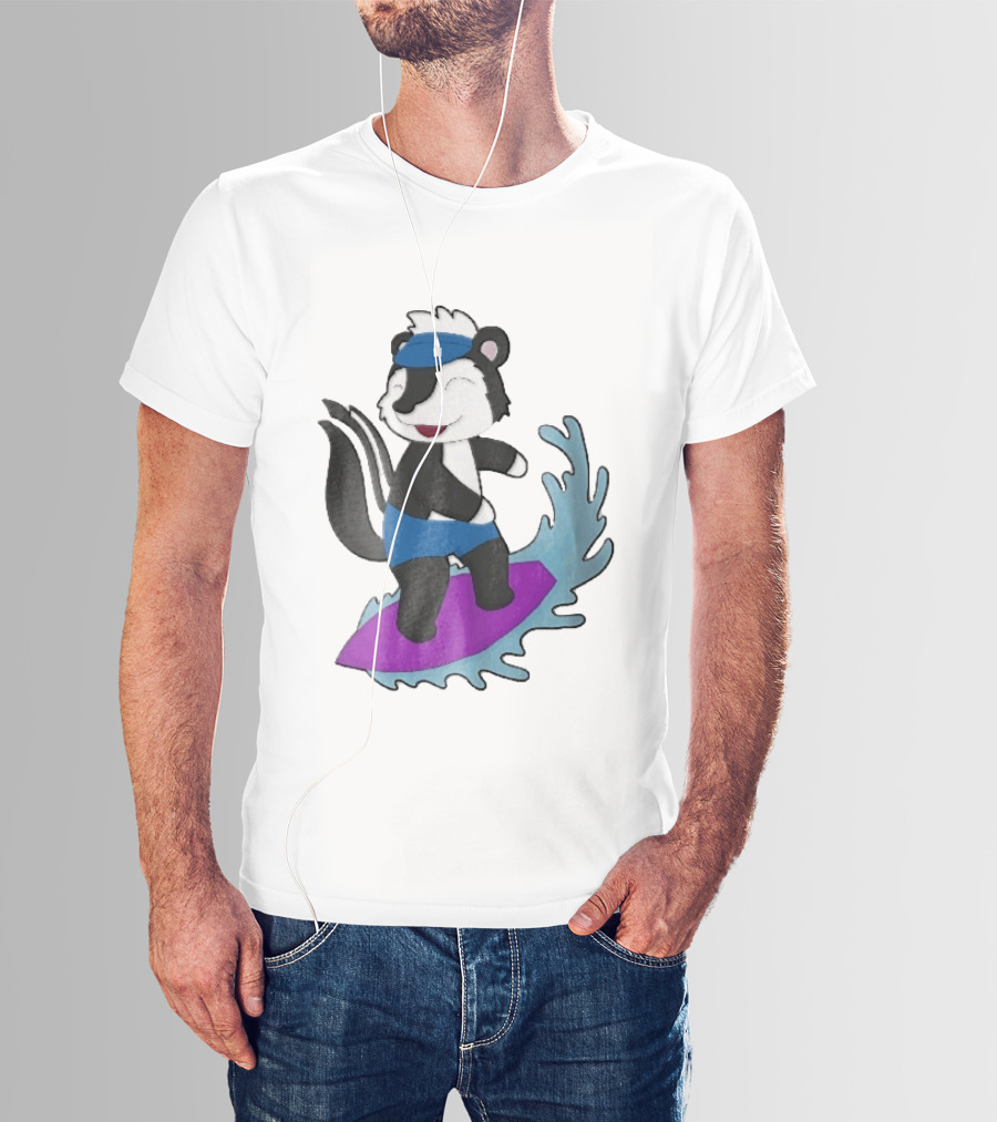 Skunk Surfing Cartoon On Purple Surfboard With Blue Waves And Summer Vibes T-Shirt